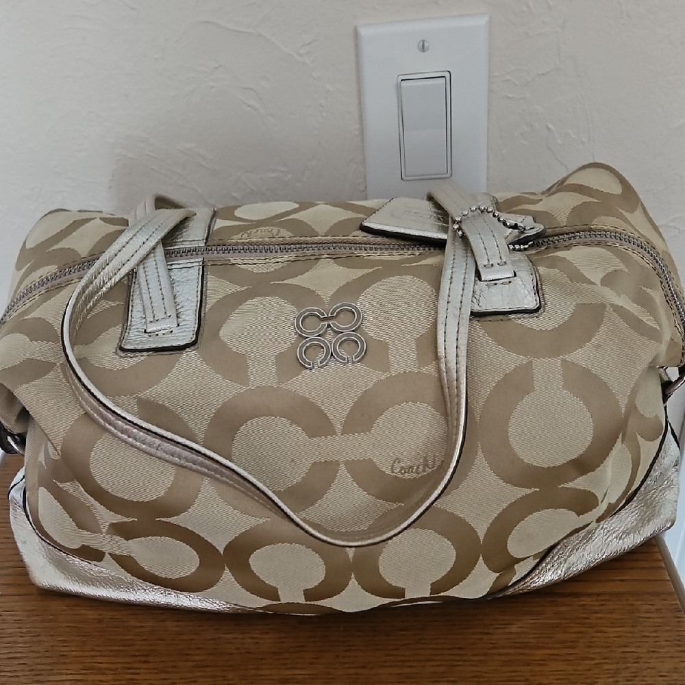Authentic Coach Gold and Tan Satchel with Signature Monogram and Leather Accents